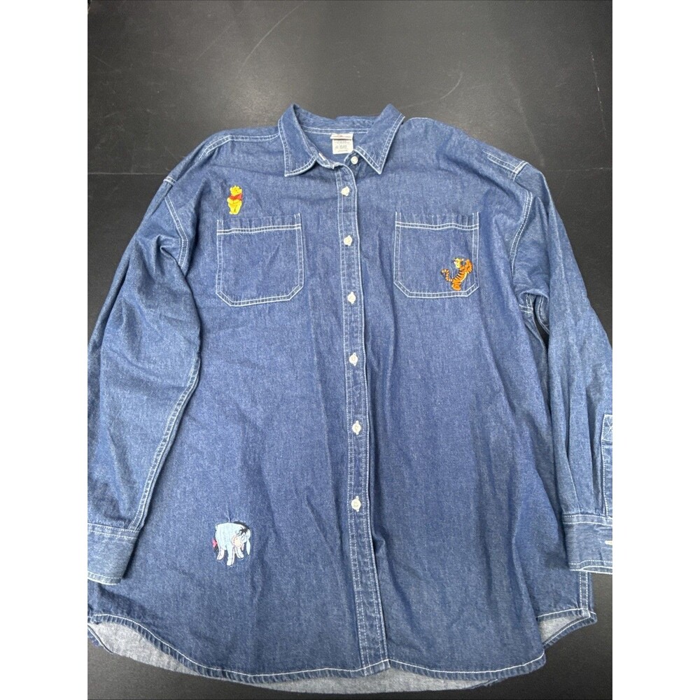 VTG Disney Store Winnie The Pooh Denim Button Up Shirt LS Embroidered Womens XXL